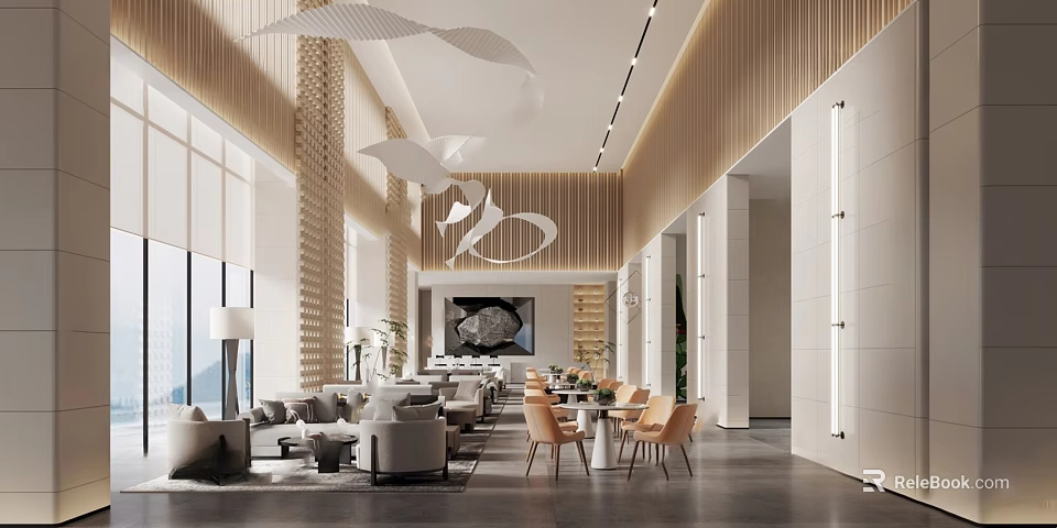 Modern Sales Office Interior Design With Reception Area Sofas Tables And Decorative Lights 3d model 