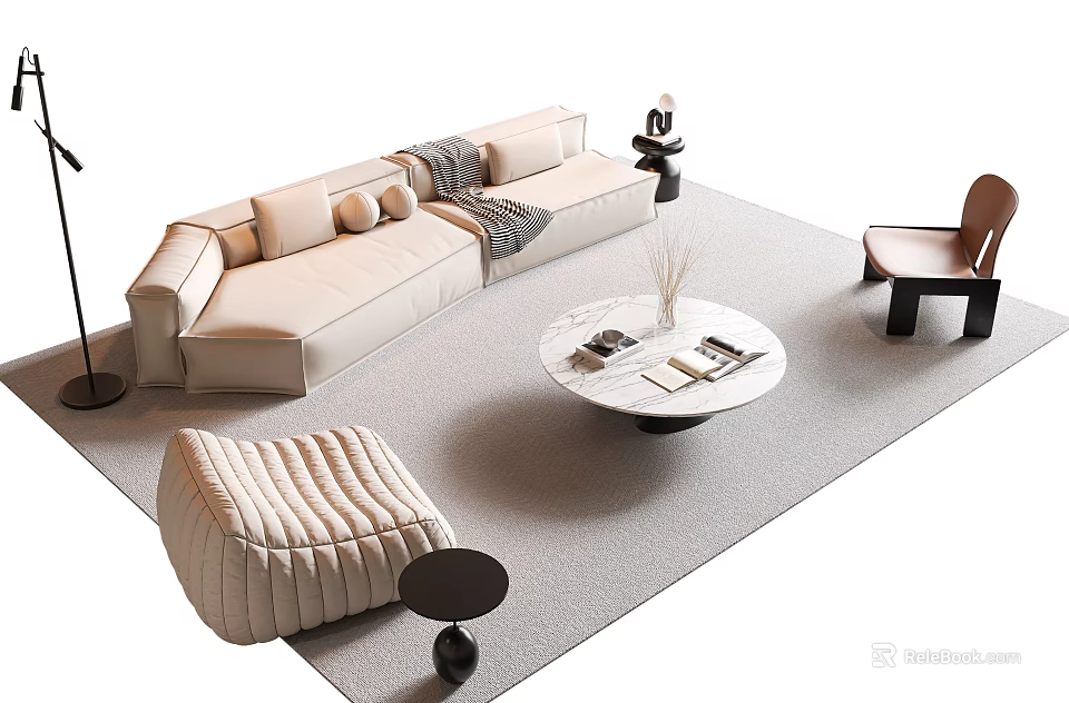 Elegant Modern Beige Sofa and Marble Coffee Table Set With Ottoman Chair and Floor Lamp 3d model 