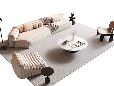 Elegant Modern Beige Sofa and Marble Coffee Table Set With Ottoman Chair and Floor Lamp 3d model