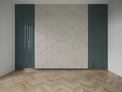Modern Background Wall With Geometric Pattern And Dark Green Cabinets Herringbone Wooden Floor 3d model
