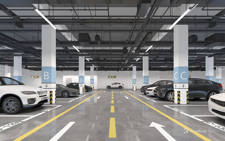 Modern Spacious Parking Garage with Columns Letter Signs Parked Cars Yellow White Lines Directional Arrows 3d model 