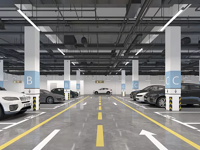 Modern Spacious Parking Garage with Columns Letter Signs Parked Cars Yellow White Lines Directional Arrows 3d model