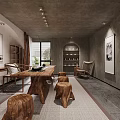 Serene Tea Room Interior With Wooden Table Stools Bookshelves Large Windows And Green Plants
