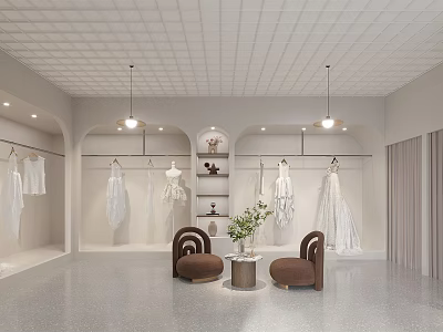 Bridal Shop Elegant Interior With Wedding Dresses Mannequins Comfy Sofas And Flower Vase 3d model