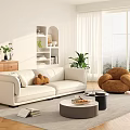 Modern Living Room Interior with White Sofa Brown Round Armchair Coffee Table Plant Window View