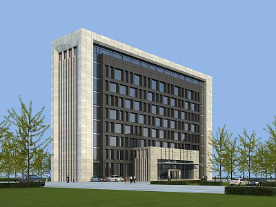 Modern Office Building Exterior Design With Glass Windows Stone Facade Green Trees Lawn Parking Area 3d model
