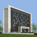 Modern Office Building Exterior Design With Glass Windows Stone Facade Green Trees Lawn Parking Area