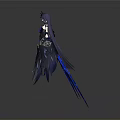 Anime Female Character In Blue Black Outfit With Purple Hair And Feathered Wings