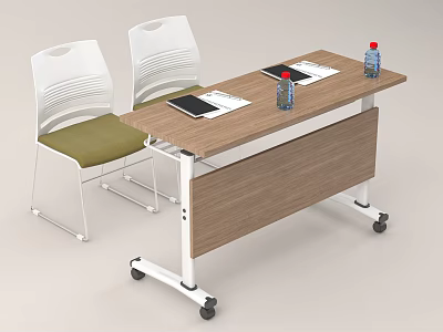 Mobile Office Desk With Wheels Two Water Bottles Notebooks And White Chairs With Green Cushions 3d model