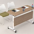 Mobile Office Desk With Wheels Two Water Bottles Notebooks And White Chairs With Green Cushions