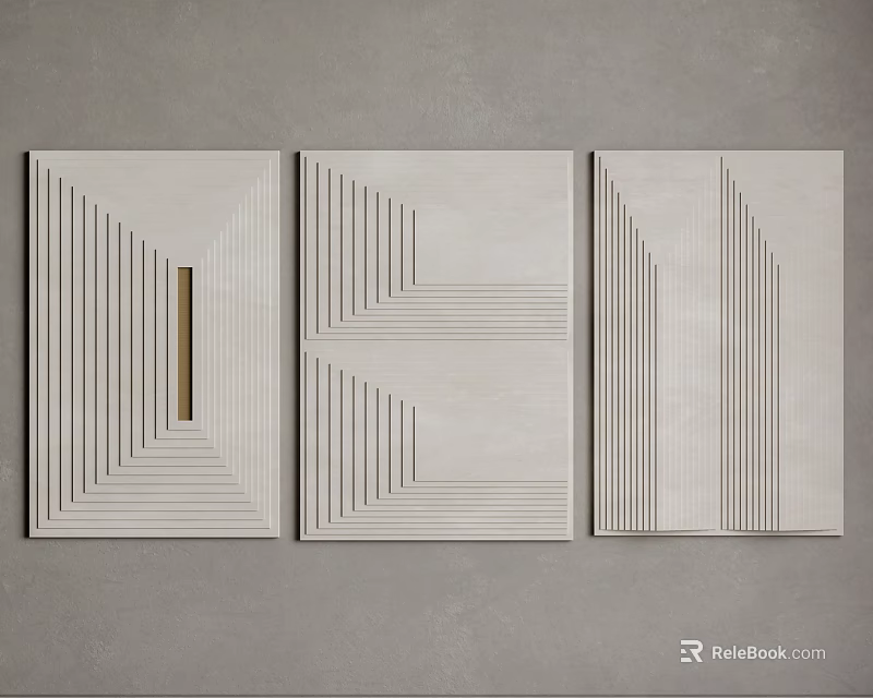 Three Geometric Wall Art Panels With Lines And Gold Accent On Gray Background 3d model 
