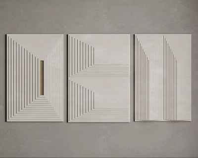 Three Geometric Wall Art Panels With Lines And Gold Accent On Gray Background 3d model