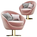 Pink Velvet Single Sofa With Golden Base And Checkered Light Gray Pillows