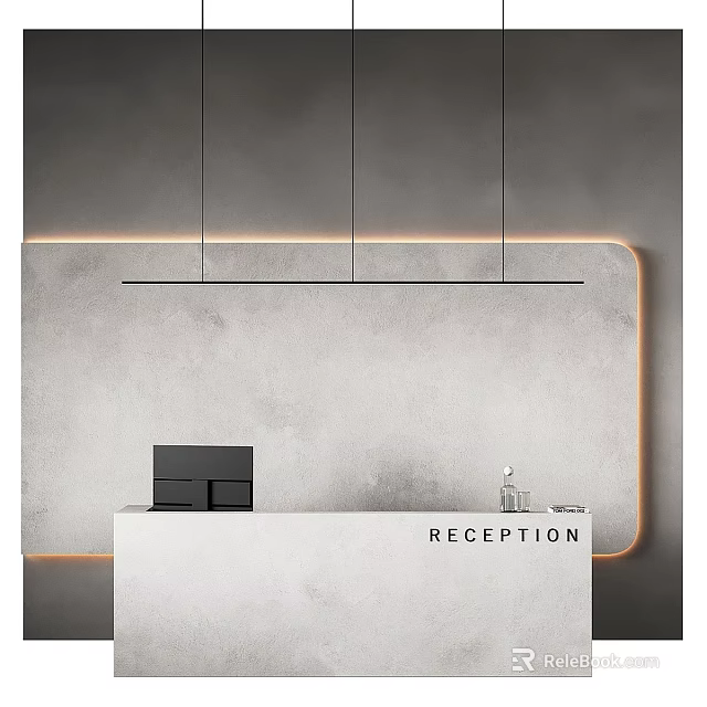 Modern Gray Reception Background Wall With Concrete Texture Edge Lighting And White Counter 3d model