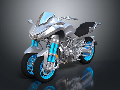 Silver Sports Motorcycle With Blue Wheels And Black Seat On Reflective Surface 3d model