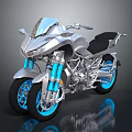 Silver Sports Motorcycle With Blue Wheels And Black Seat On Reflective Surface