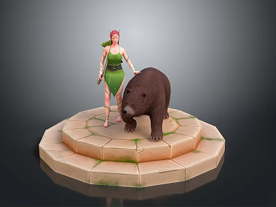 Female Figure With Bear On Circular Stone Platform Covered In Moss 3d model