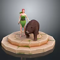 Female Figure With Bear On Circular Stone Platform Covered In Moss
