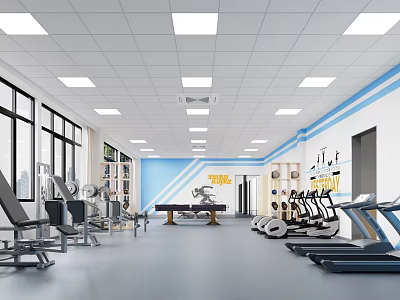Bright Fitness Gym Interior With Treadmills Dumbbells Benches Windows And Blue White Walls 3d model