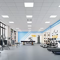 Bright Fitness Gym Interior With Treadmills Dumbbells Benches Windows And Blue White Walls