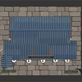 Traditional Japanese Building with Blue Tiled Roof White Walls Wooden Storefront and Hanging Lanterns