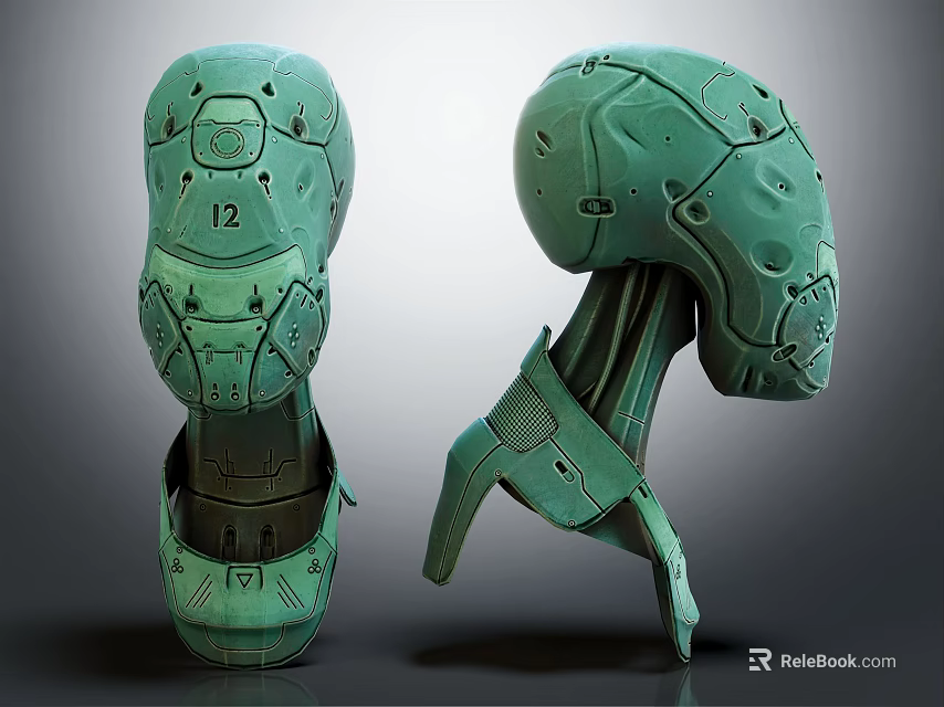 Green Mechanical Character Head Design With Detailed Armor Structure And Numbers 3d model 