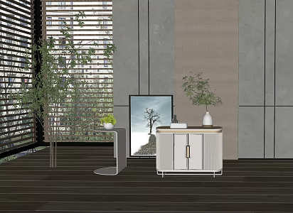 Bedside Cabinet Hanging Painting Jewelry Ornaments Green Plant Potted Rock Board Background Wall 3d model