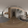 Modern Open Living Dining Room With Wooden Cabinets White Countertop And Green Chairs