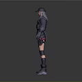Tactical Woman In Dark Colored Outfit With Hat Gloves Boots And Waist Gear
