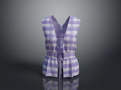 Stylish Purple And White Checkered V Neck Sleeveless Vest With Waist Tie 3d model