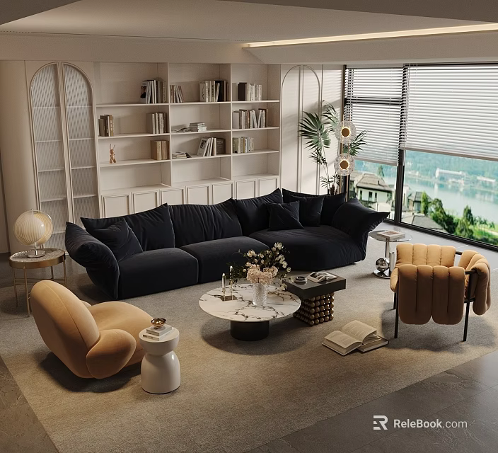 Dark Blue L Shaped Sofa With Round Coffee Table And Beige Armchairs 3d model 