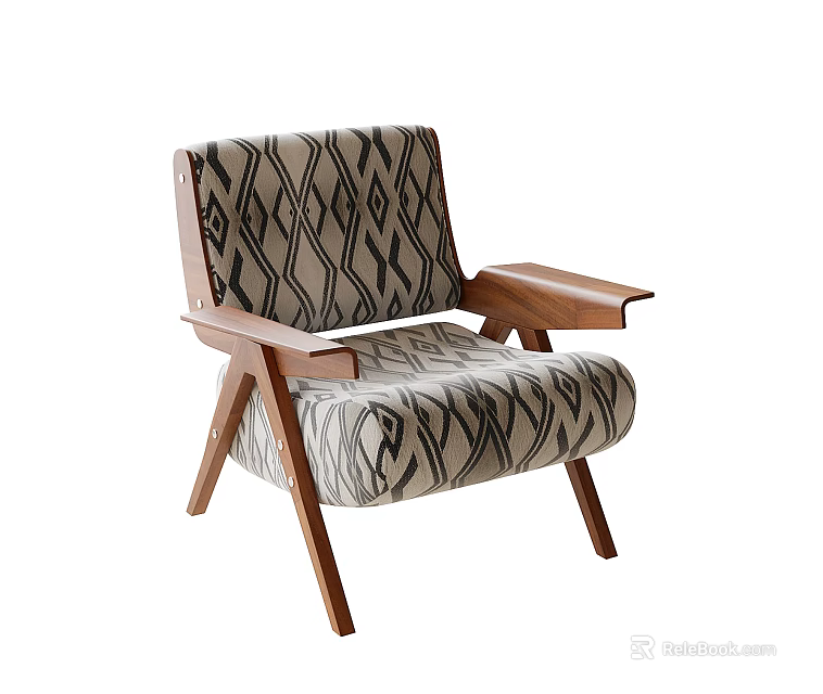 Modern Single Sofa With Geometric Pattern Fabric And Wooden Armrests Design 3d model 