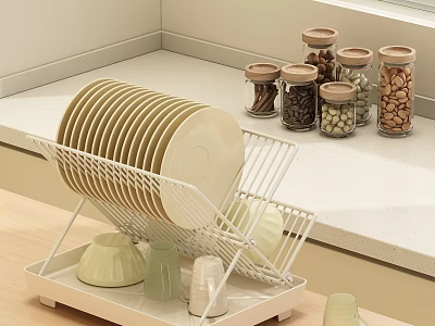 White Metal Dish Rack With Plates Glass Jars And Nuts On Kitchen Countertop 3d model