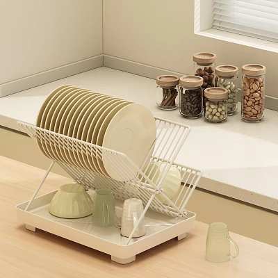White Metal Dish Rack With Plates Glass Jars And Nuts On Kitchen Countertop 3d model