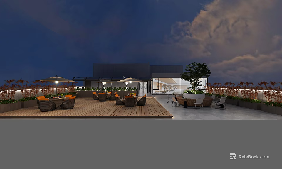 Outdoor Rooftop Leisure Area With Wooden Flooring Tables Chairs Sunshades And Trees 3d model 