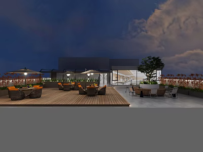 Outdoor Rooftop Leisure Area With Wooden Flooring Tables Chairs Sunshades And Trees 3d model