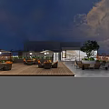 Outdoor Rooftop Leisure Area With Wooden Flooring Tables Chairs Sunshades And Trees