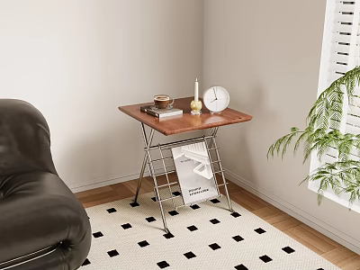 Wooden Top Side Table With Metal Legs And Books Candle Clock Near Black Leather Sofa 3d model
