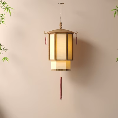 Traditional Hanging Chinese Lantern With Wooden Frame Paper Shade Tassels And Bamboo Near Beige Wall 3d model
