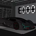 Futuristic Black Sports Car With Orange Wheels Neon Lights And Digital Display Showroom