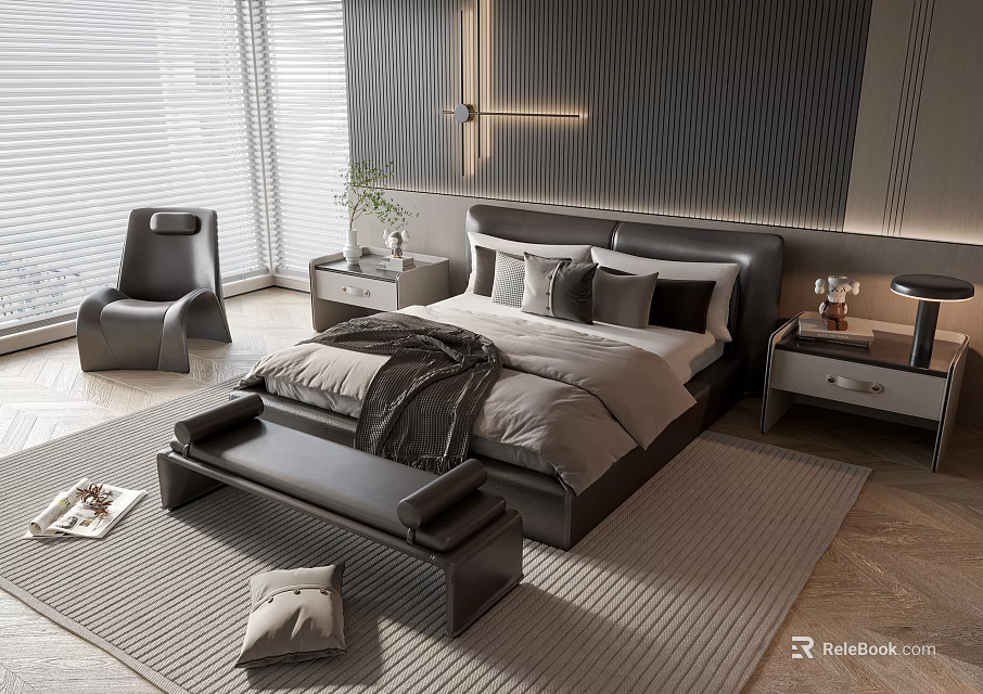 Modern Double Bed Interior With Gray Pillows Blanket Nightstands Dark Wall And Chair 3d model 