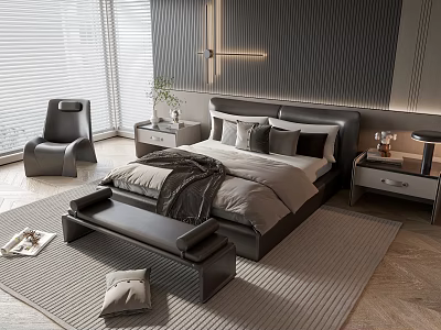 Modern Double Bed Interior With Gray Pillows Blanket Nightstands Dark Wall And Chair 3d model