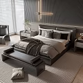 Modern Double Bed Interior With Gray Pillows Blanket Nightstands Dark Wall And Chair