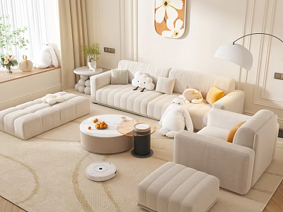 Modern Cozy Living Room With Beige Sofa Coffee Table Set Pillows Rug And Floor Lamp 3d model