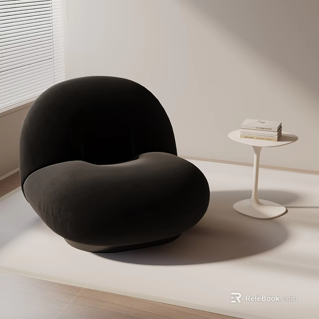 Black Plush Round Lounge Chair With White Side Table Books In Soft Light Modern Room 3d model 