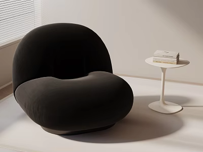 Black Plush Round Lounge Chair With White Side Table Books In Soft Light Modern Room 3d model