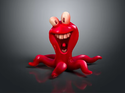 Red Playful Cartoon Octopus Shaped Creature with Big Eyes Open Mouth Teeth and Wiggly Tentacles 3d model