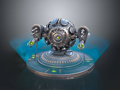 Futuristic Mechanical Sphere Weapon with Metallic Structure Green Glowing Core and Base Platform 3d model