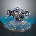 Futuristic Mechanical Sphere Weapon with Metallic Structure Green Glowing Core and Base Platform 3d model