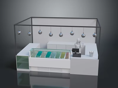 Modern Display Cabinet Furniture With White Counter Black Frame Transparent Compartments And Hanging Silver Balls 3d model